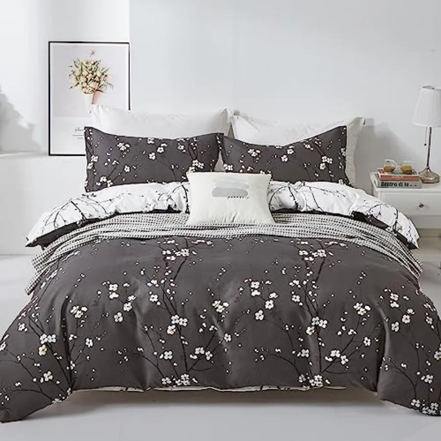 The Sage Green & Yellow Floral Duvet Cover Set Queen beautifully styled with additional gray knits, showcasing the elegance and versatility of the floral duvet.