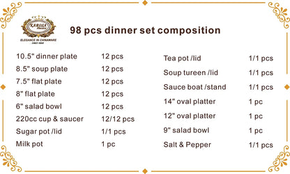 Luxury 98-Piece Ceramic White/Gold Dinnerware Set 