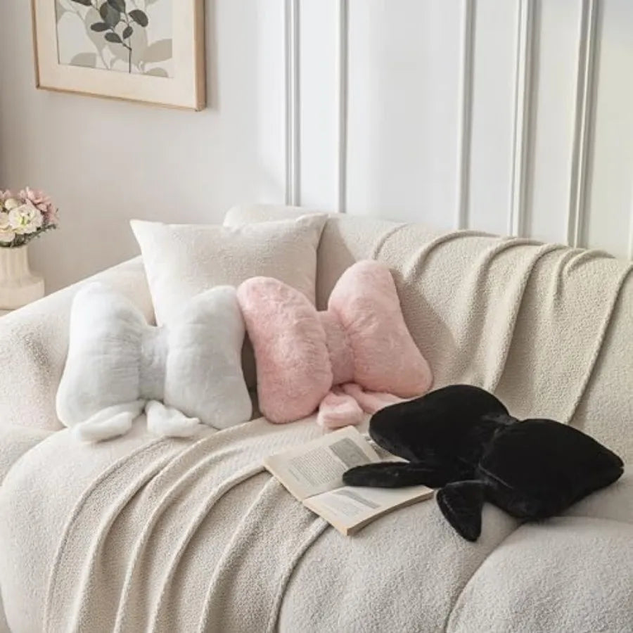 Stylishly layered pink bow throw pillow – Faux Rabbit Fur Bow Cushion for modern feminine coquette aesthetic.