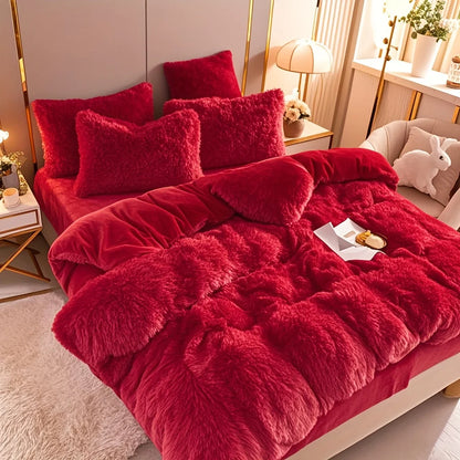 Faux Fur Duvet Cover with fluffy pom-pom pillow accents in a beautifully styled bedroom space.