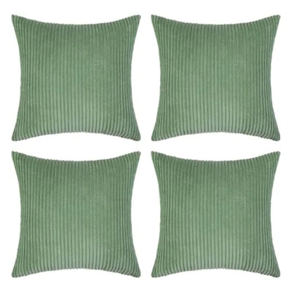 Four sage green ribbed corduroy throw pillows arranged in a 2x2 grid on a plain white background.