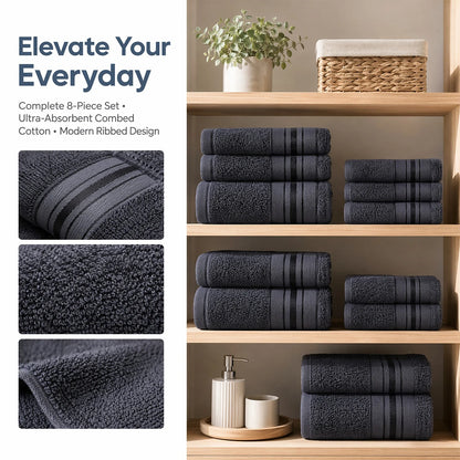 ETaylor's Luxury 8-Piece Cotton Bath Towel Set featuring hand towels and washcloths in vibrant red orange.