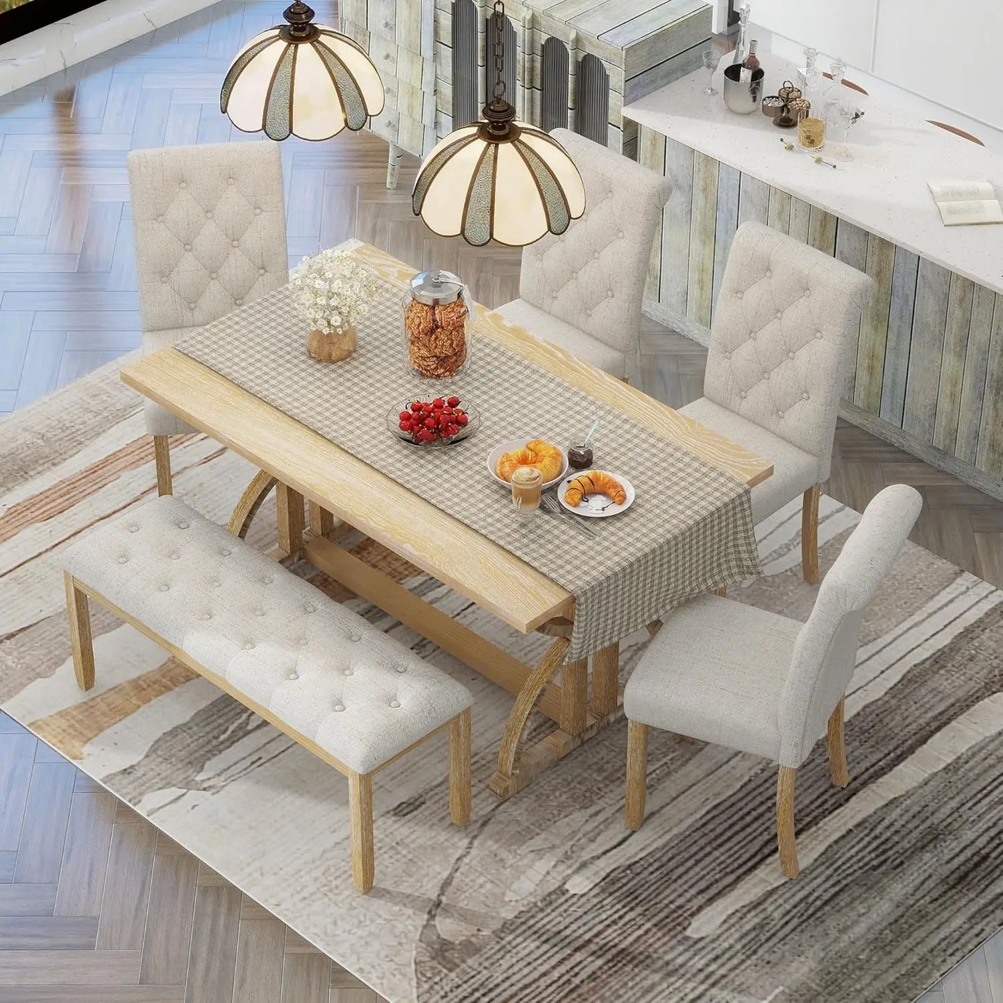 Retro 6-Piece Wood Dining Table Set for 6 featuring a stylish dining table and cushioned chairs.