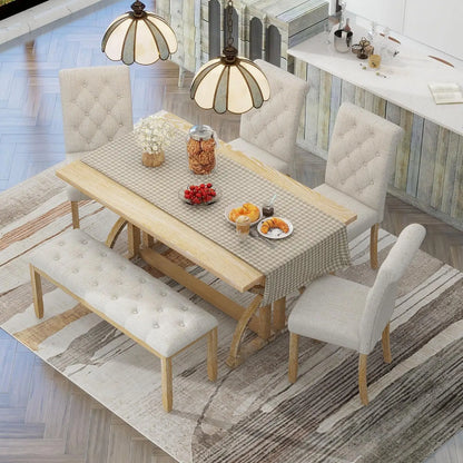 Retro 6-Piece Wood Dining Table Set for 6 featuring a stylish dining table and cushioned chairs.