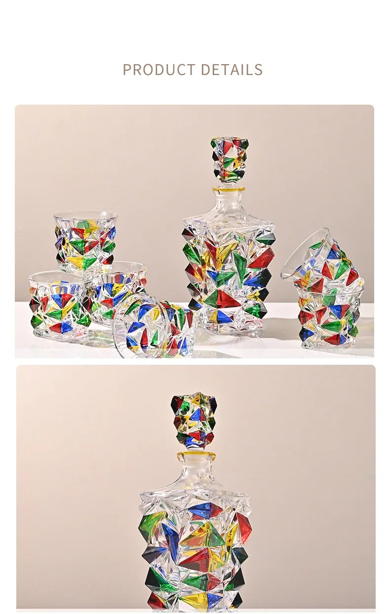 Colorful Wine Decanter & Patterned Glass Set