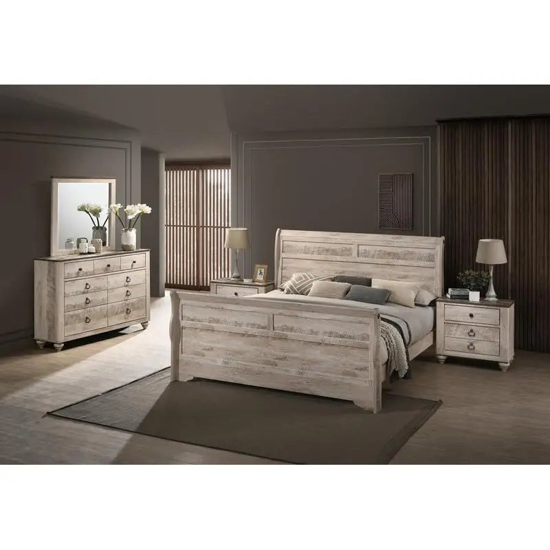 Elegant 5-Piece White Wash Queen Bedroom Set featuring a classic sleigh bed design and storage nightstands.