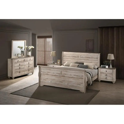 Elegant 5-Piece White Wash Queen Bedroom Set featuring a classic sleigh bed design and storage nightstands.