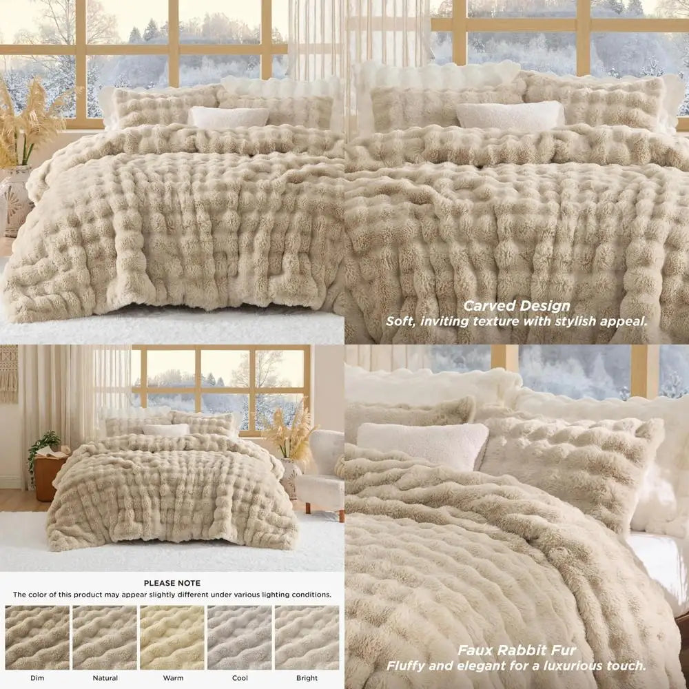 Plush & Fluffy Faux Rabbbit Fur Light Beige King Comforter Set 