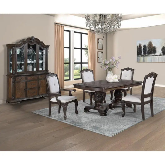 Traditional  5-Piece Carved Double Pedestal Dining Room Table Set for 4  