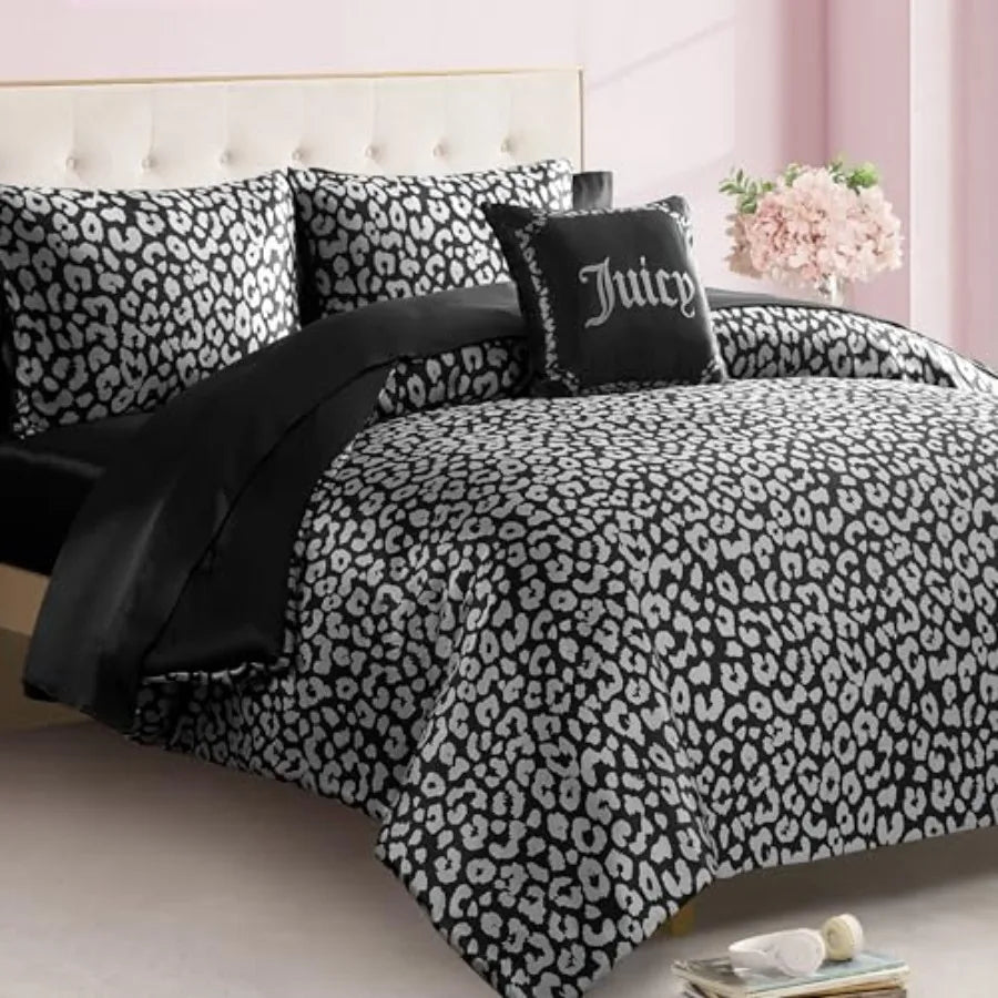 Complete Black Leopard Satin Comforter Set arranged on a bed, illustrating the all-in-one solution for stylish bedroom decor.