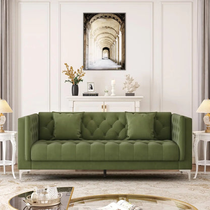 Versatile Mid-Century Modern Leather Tufted Sofa w/2 Throw Pillows