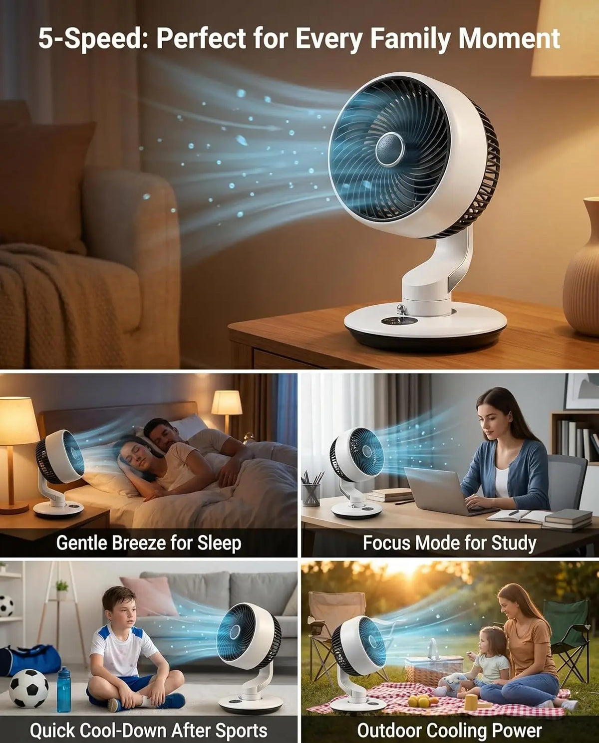 GAITIR Rechargeable Desk Fan - 7800mAh Battery with Smart Touch Display - Black, White, rechargeable desk fan showing battery display