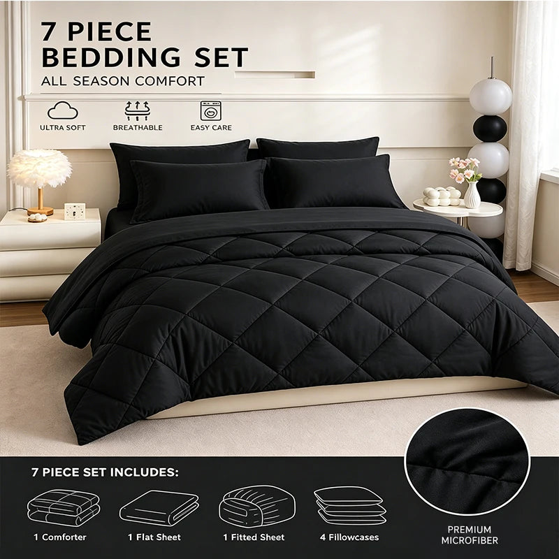FISHDRU 5pcs/7pcs Diamond Quilted Bedding Comforter Set - Complete Bed in a Bag with Pillowcases and Shams, diamond quilted comforter with matching pillowcases