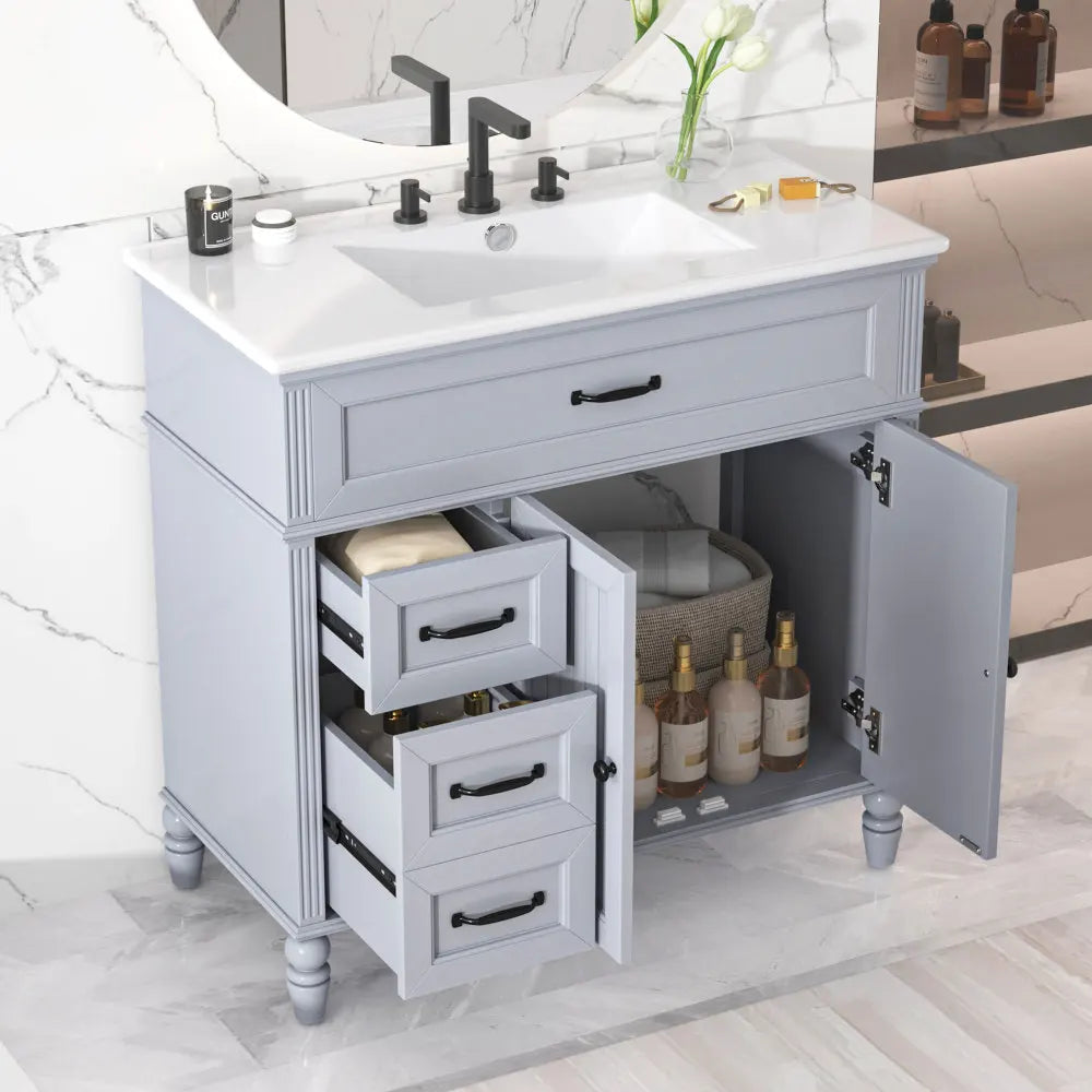 Freestanding 36" White Bathroom Vanity w/Ceramic Sink