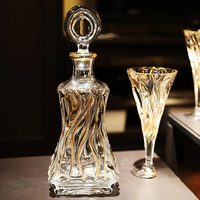 Crystal Glass Gold Traced Wine Decanter & Wine Glass Set