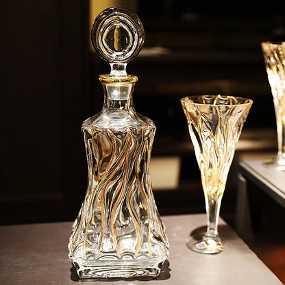 Crystal Glass Gold Traced Wine Decanter & Wine Glass Set