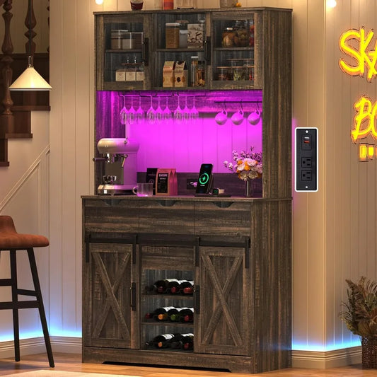 Farmhouse Coffee Bar Cabinet/Liquor Bar/Pantry Cabinet w/RGB Lights