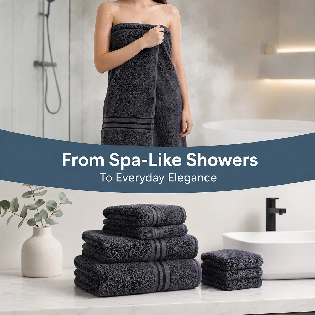 Elegant 8-Piece 100% Cotton Bath Towel Set in khaki, designed for absorbency and quick-drying.