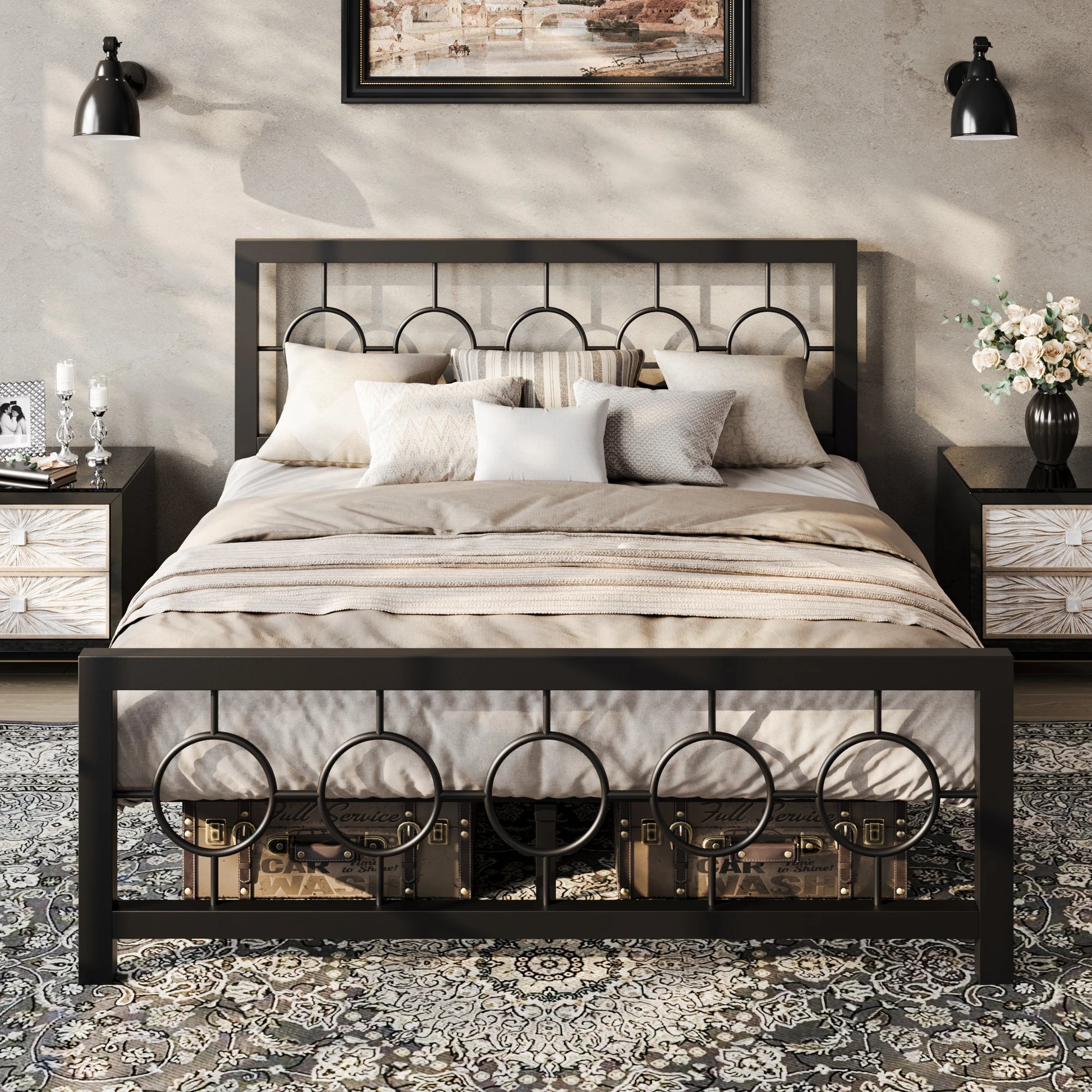 Metal Platform Bed Frame with Vintage Modern Headboard and Footboard, designed as a vintage modern bed frame perfect for stylish bedrooms.