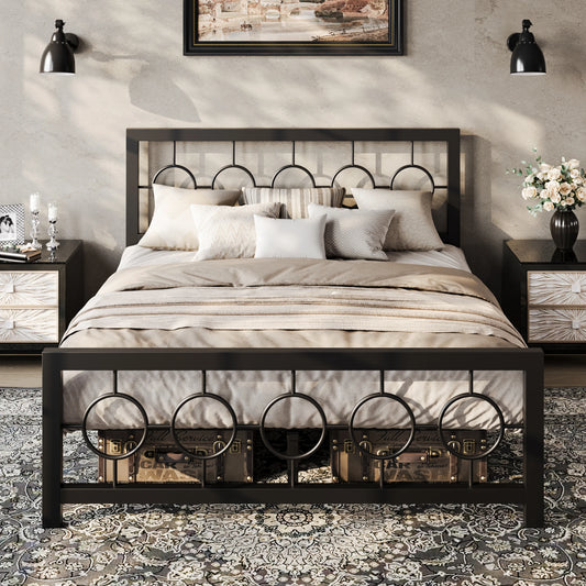 Metal Platform Bed Frame with Vintage Modern Headboard and Footboard, designed as a vintage modern bed frame perfect for stylish bedrooms.