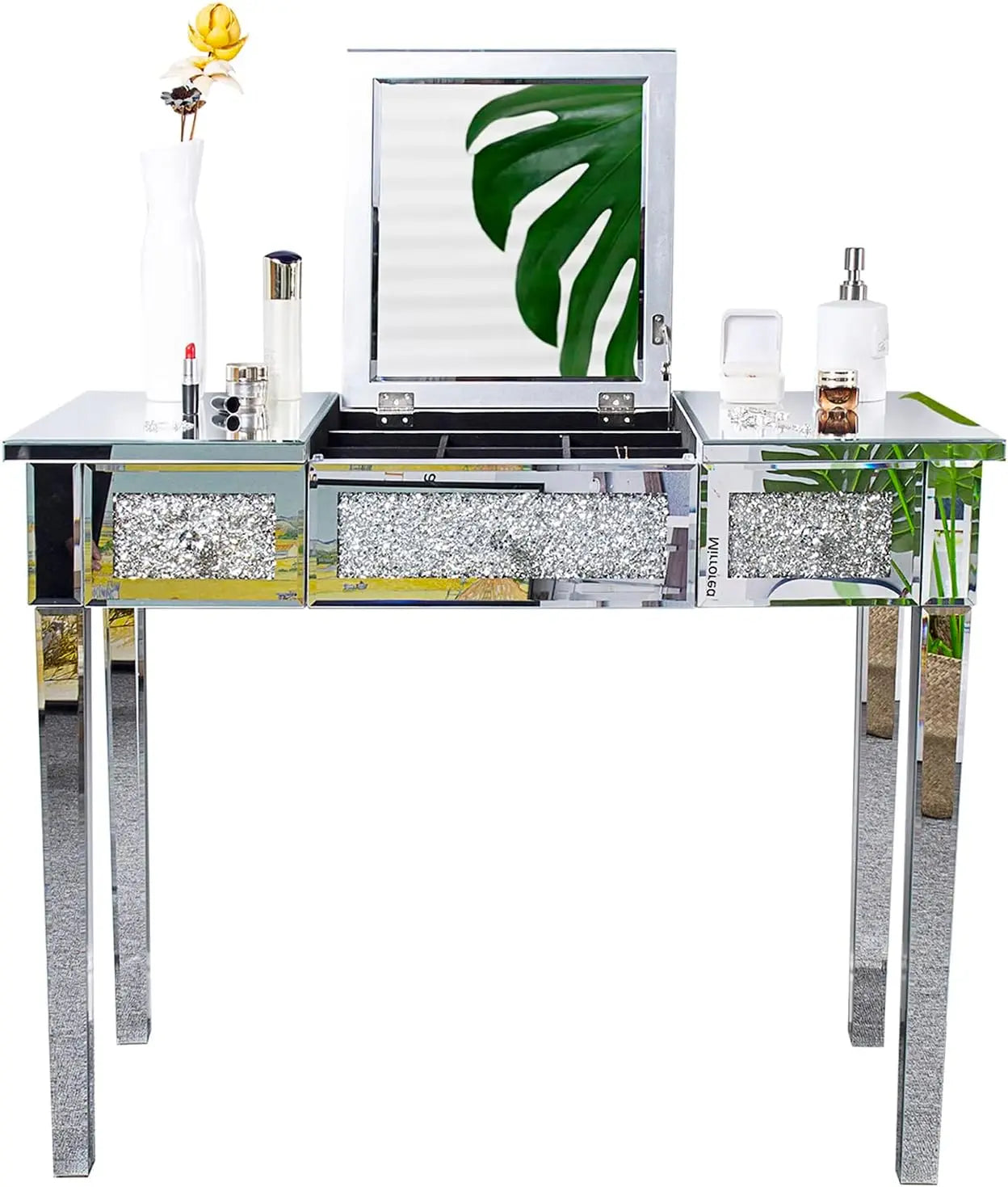 Side view of the 33.9" Elegant Silver Mirrored Vanity Table featuring the stylish flip-up mirror and elegant silver vanity table finishing.