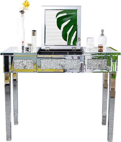 Side view of the 33.9" Elegant Silver Mirrored Vanity Table featuring the stylish flip-up mirror and elegant silver vanity table finishing.
