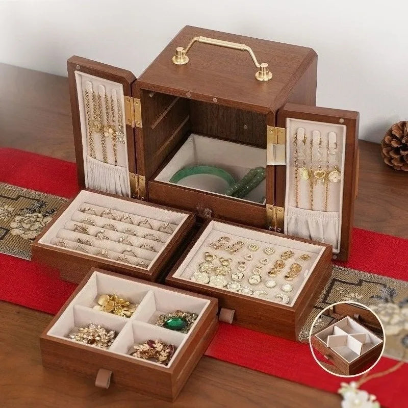 World Menagerie Black Walnut Jewelry Box with Lock - 5-Layer Wooden Organizer with Mirror - Black Walnut, open jewelry box with mirror and velvet compartments