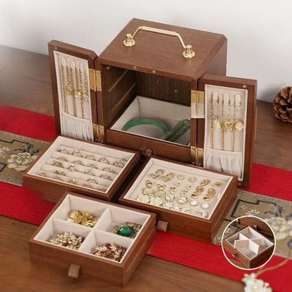 World Menagerie Black Walnut Jewelry Box with Lock - 5-Layer Wooden Organizer with Mirror - Black Walnut, open jewelry box with mirror and velvet compartments