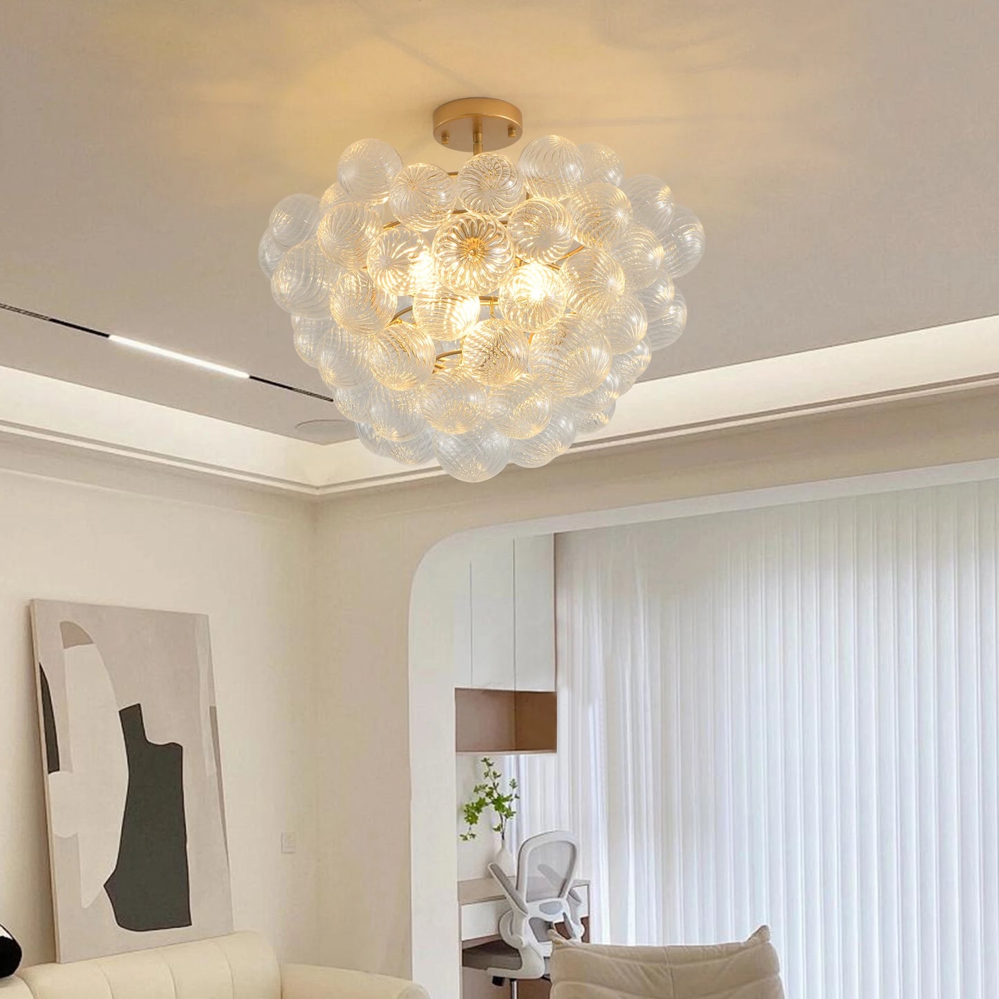 Golden Ceiling Pendant Light Chandelier w/Threaded Clear Glass Globe Shade