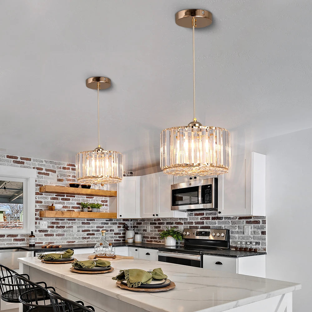 Elegant modern LED crystal pendant light in gold, enhancing the ambiance of a hallway.