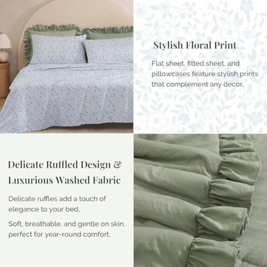 Luxury Sage Green Ruffle Comforter Set – 7-Piece Farmhouse Bedding with Sheets, Soft Elegant All-Season Bed Set
