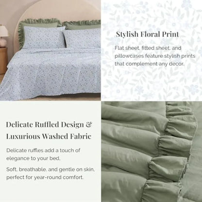 Luxury Sage Green Ruffle Comforter Set – 7-Piece Farmhouse Bedding with Sheets, Soft Elegant All-Season Bed Set