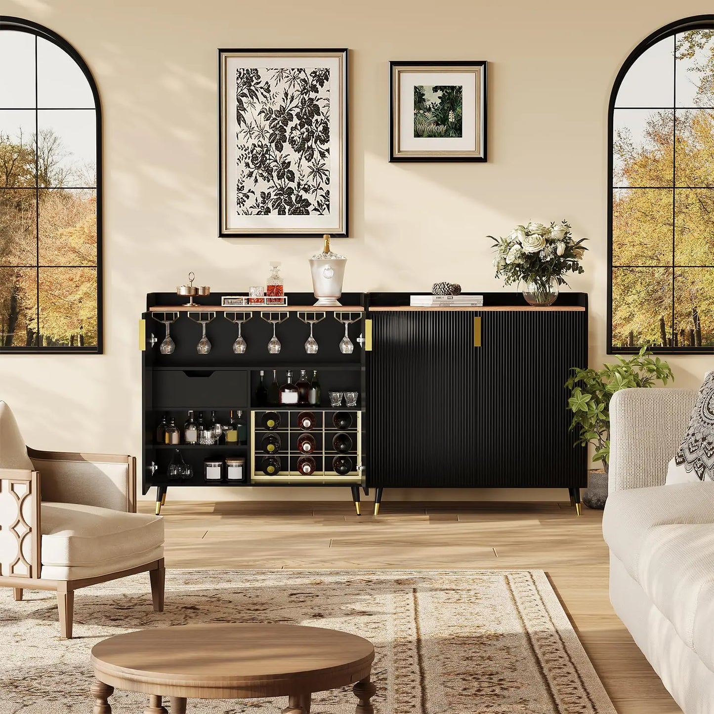 Modern Wall-Mounted Wine Rack above a dining table, creating an inviting atmosphere for entertaining guests.