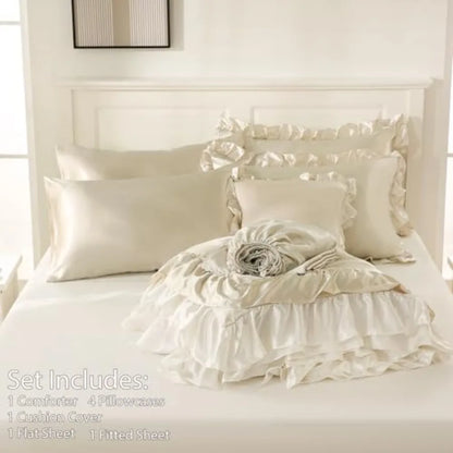 Styled corner of the bed featuring the Beige Satin Comforter Set with gold accents for a luxurious bedroom upgrade.