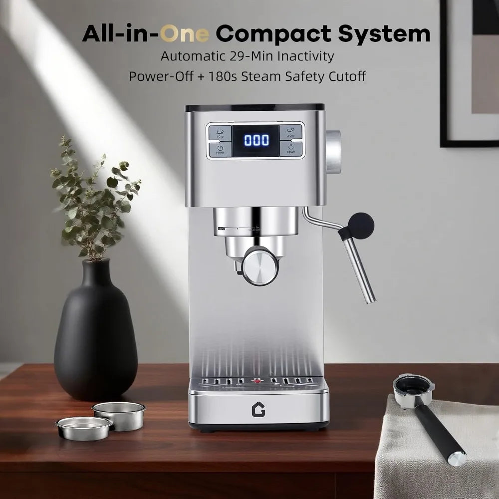 Garvee Espresso Machine 20 Bar with Milk Frother - Stainless Steel 1350W Espresso Maker - Silver, espresso machine with frother preparing cappuccino