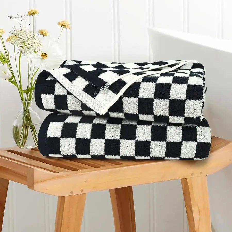 Luxurious Ultra Soft Black and White Checkered Cotton Bath Towel Set of 2