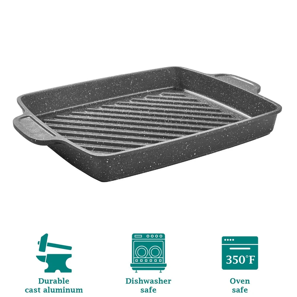 Versatile Cast Aluminum Nonistick Steak Pan12 Inch Square Non-Slip Handle Cast Aluminum Steak Pan Non-Stick Coating Rapid Heat Distribution Oven Safe Dishwasher Safe Easy