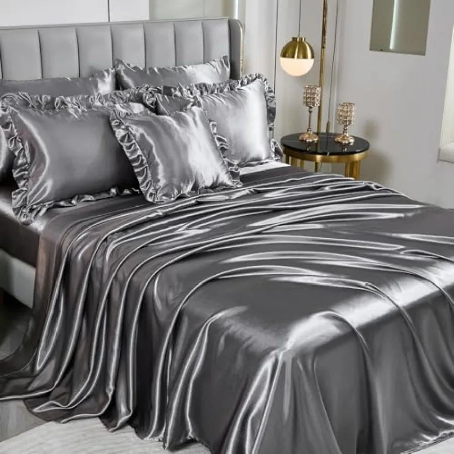 Stylish arrangement of the Grey Satin Comforter Set, perfect for creating a boutique-style retreat in your home.