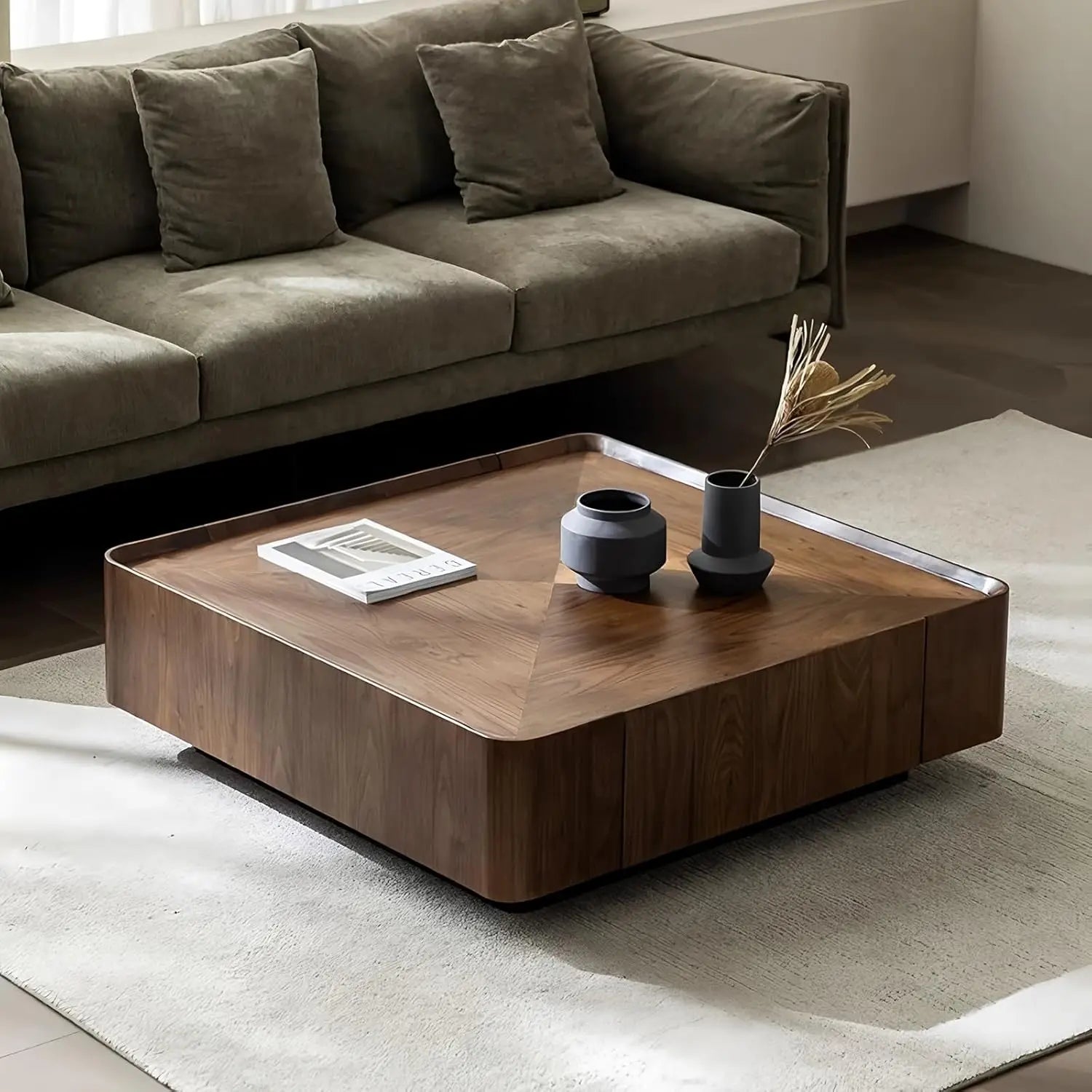 Mid Century Walnut Coffee Table – 35" Square Engineered Wood Modern Living Room Centerpiece with Hidden Storage showcasing warm walnut finish and stylish design.