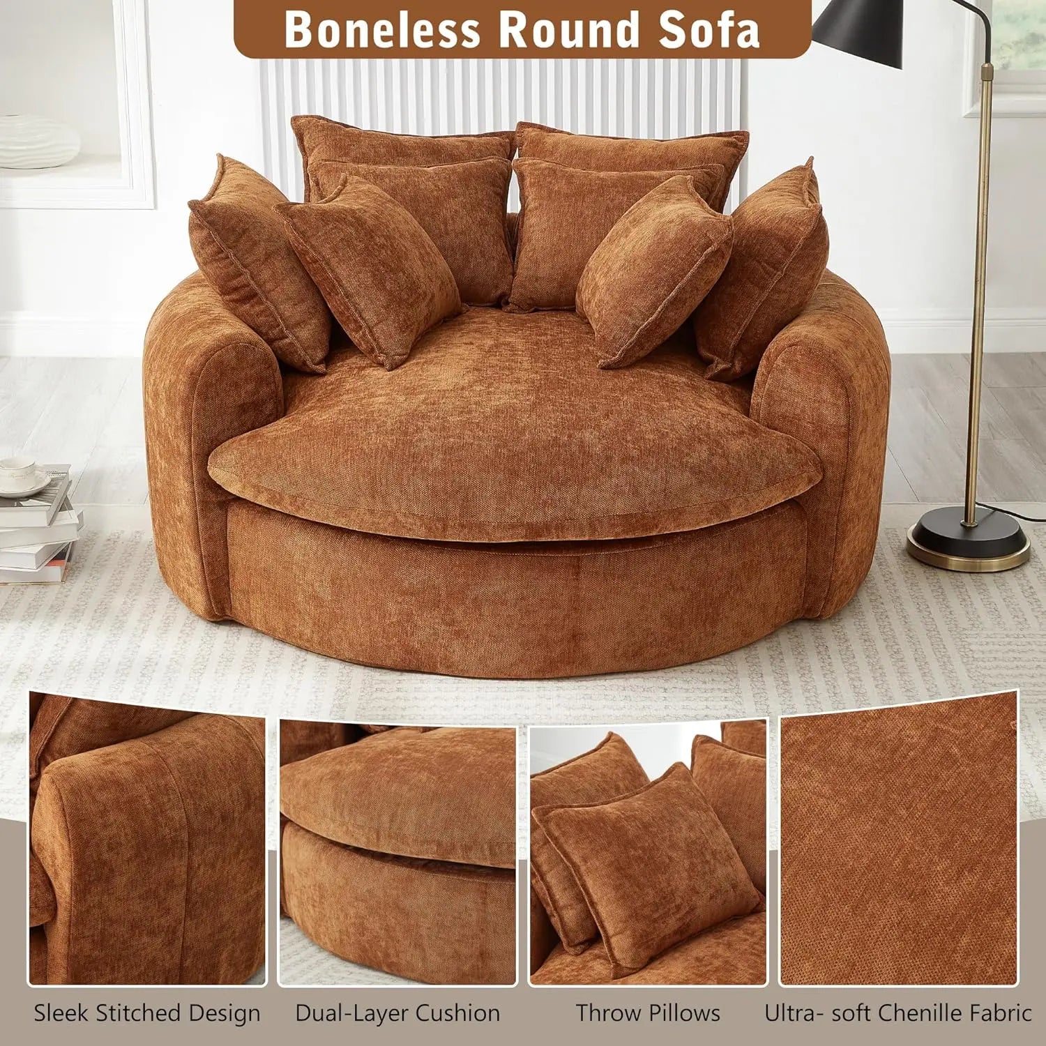 Close-up view of the soft chenille fabric on the Chenille Round Chaise Lounge Sofa – Oversized Circular Cuddle Chair.