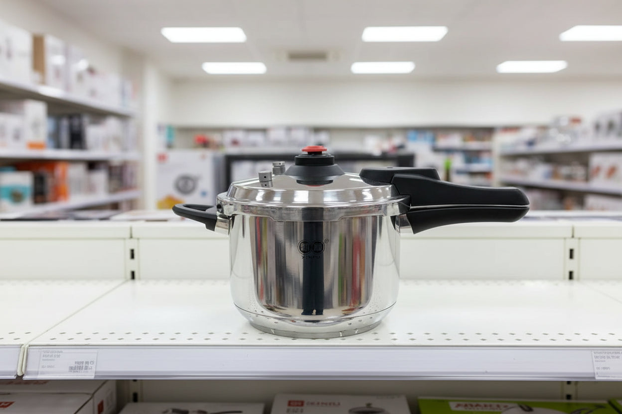 Heavy Duty 304 Stainless Steel 8.5 Quart Pressure Cooker ~ Serves 6-8 — shiny stainless steel pot on stove