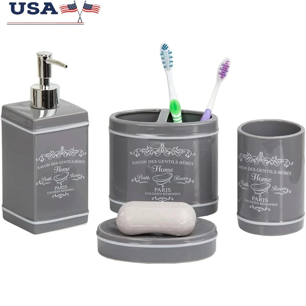 Decorative 4-Piece Gray Ceramic Bathroom Ensemble w/a Chic Paris Design