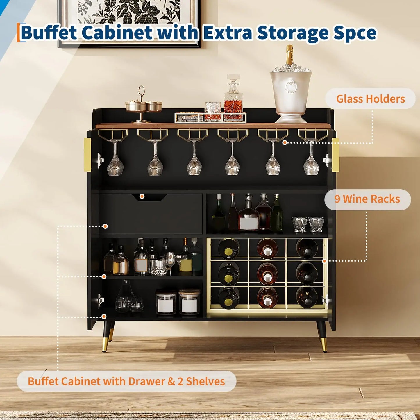 Close-up of the Modern Wall-Mounted Wine Rack showcasing premium black wood finish and optimal storage for wine bottles and glasses.