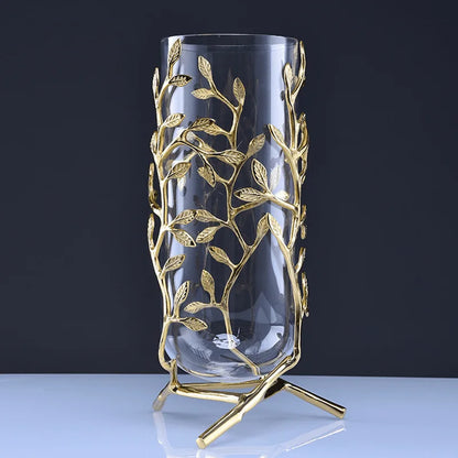 Chic Elegant Clear Glass Vase with Gold Metal Branches, a stunning centerpiece for any home stylishly designed with stability.