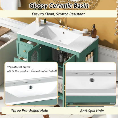 Modern 36" Double Glass Door Bathroom Cabinet w/Undermount Ceramic Sink
