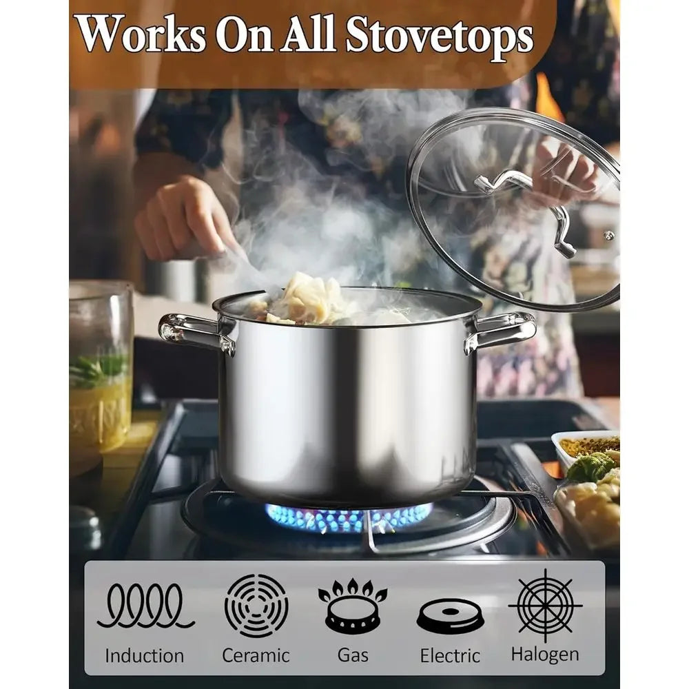 HomelyOasis 12-Qt. Stainless Steel Tri-Ply Clad Stockpot cooking over a flame, showcasing its versatility as a large stainless steel stockpot.