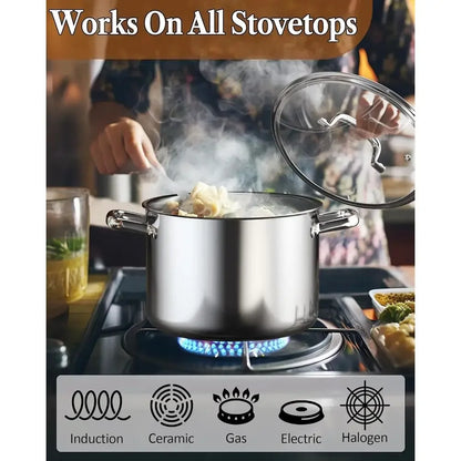 HomelyOasis 12-Qt. Stainless Steel Tri-Ply Clad Stockpot cooking over a flame, showcasing its versatility as a large stainless steel stockpot.