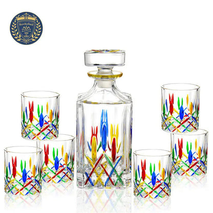Colorful Wine Decanter & Patterned Glass Set