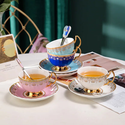 Luxurious European Bone China Coffee & Tea Set Gift Box featuring 4 elegant cups, saucers, and spoons - perfect for tea lovers and elegant dining. Ideal European bone china coffee set.