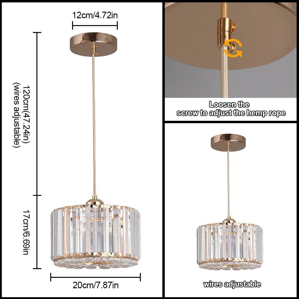 Modern LED crystal pendant light with cool LED lighting, featured in a minimalist interior.